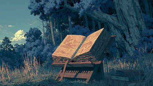 Open playbook on a wooden stand in a forest, representing a customer success strategy guide.