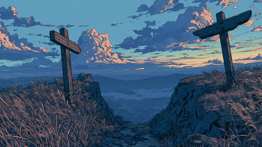Illustration of two signposts on separate paths overlooking a mountain valley at sunset.