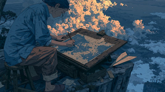 Designer sketching on a large board above the clouds, representing collaborative design feedback and review.