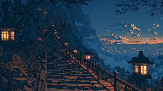 A lantern-lit staircase climbing a mountain, representing the escalation management process.