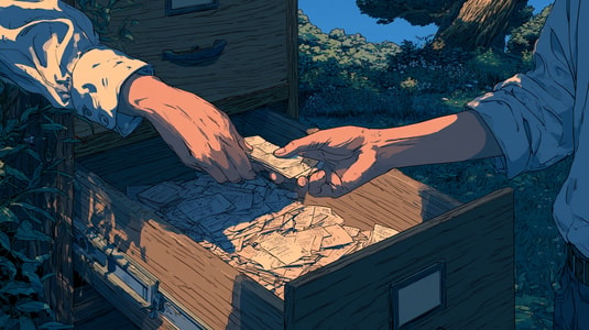 Two people exchanging a contact card over an open filing cabinet, representing customer relationship management.
