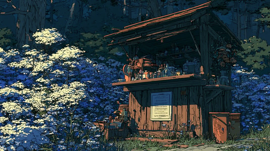 Anime-style illustration of a small wooden customer service booth surrounded by white and blue flowers.