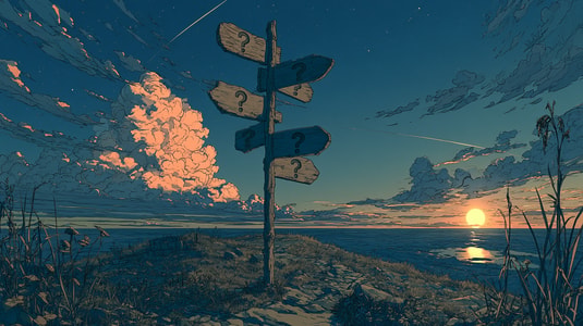 Question mark signpost at sunset, representing different survey question types and examples.