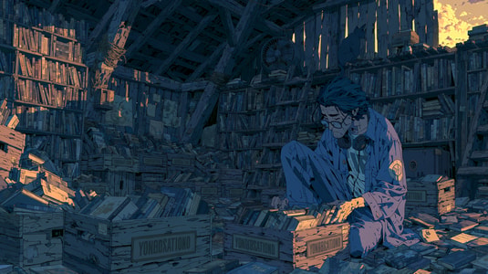A person sorts through labeled boxes of books in a crowded attic library, representing the process of organizing a knowledge base.