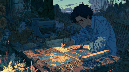Game designer sketching a tabletop game map beside a typewriter in an outdoor workspace.