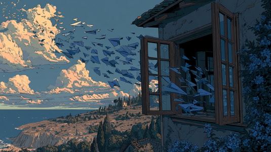 Paper planes flying out of a window for an Intercom feature requests blog.