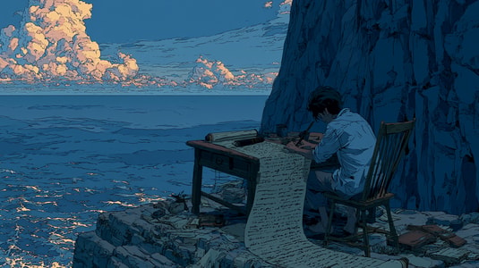 A person writes a long manuscript at a desk beside the sea, representing the process of creating a knowledge base article.