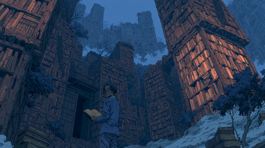 Illustration of a person holding an open book while surrounded by towering shelves filled with books, representing knowledge management challenges.