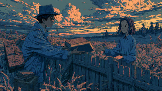 Illustration of one person handing a stack of books to another across a fence, representing knowledge sharing.
