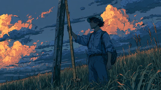 Illustration of a person measuring a signpost in a grassy field at sunset.