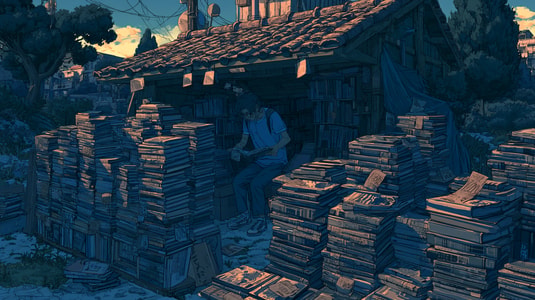 Anime-style illustration of a person sitting among stacks of books and papers outside a small wooden house.