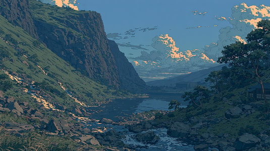 Illustration of a peaceful mountain valley with a river flowing between steep cliffs at sunset.
