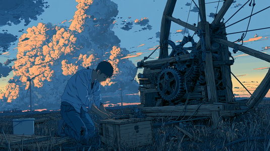 Illustration of a person working beside a large mechanical structure at sunset.