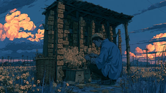 Anime-style illustration of a person sitting in a flower field beside a small wooden shed at sunset.