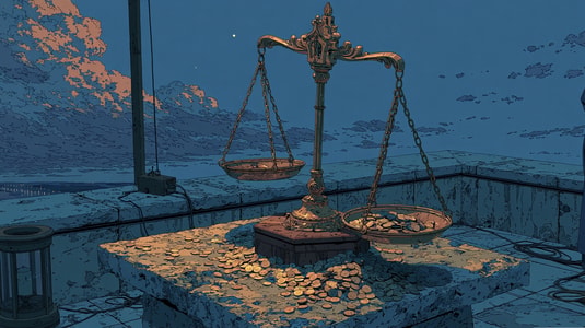 Balance scale surrounded by coins, representing the cost and value of Pylon’s pricing.