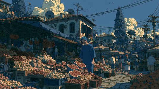 Illustration of shoppers browsing a busy outdoor market.