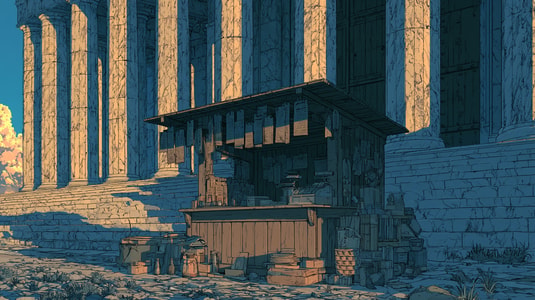 Anime-style illustration of a small wooden service booth in front of large stone columns.