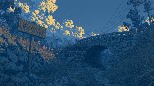 Illustration of an old stone bridge over a quiet path at sunset.