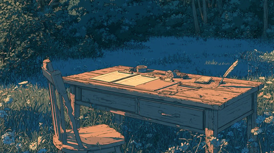 A writing desk with survey forms, notes, and a quill in a quiet garden, representing tools for collecting customer feedback.
