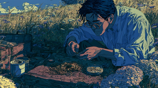 Anime-style illustration of a person closely inspecting small items on a wooden table in a grassy field.