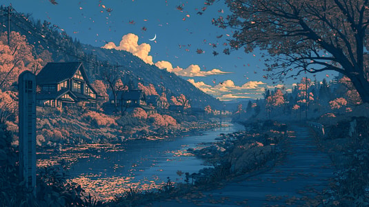 A quiet riverside path with falling leaves, representing customer churn over time.