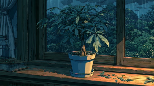 A struggling potted plant by a rainy window, representing customer dissatisfaction.