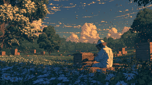 A beekeeper tends hives in a flower field, representing customer retention management.