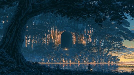 Lone figure approaching a glowing doorway hidden in a dark forest beside a reflective lake.