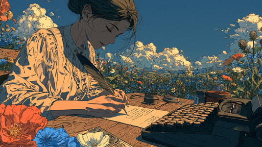 Writer drafting beside a typewriter in a flower-filled field, symbolizing the process of creating release notes.