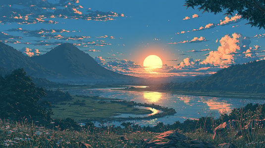 river flowing through several connected landscapes at sunset, representing omnichannel customer engagement.