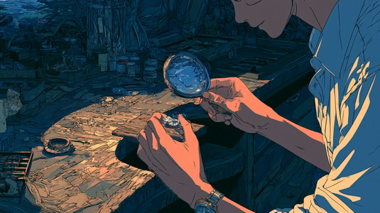 Illustrated person examining a small object with a magnifying glass at a workshop table.