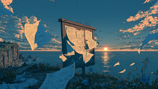 Illustrated release notes flutter around a bulletin board beside the ocean at sunset.