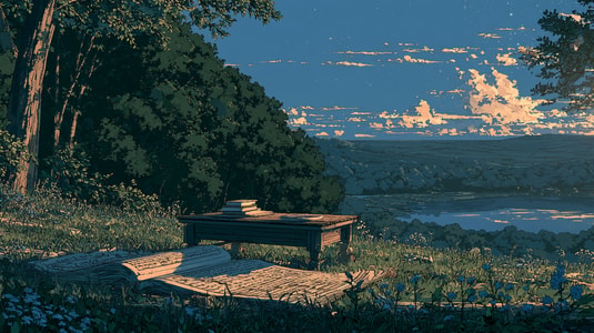 Open book and handwritten pages beside a wooden bench overlooking a river valley.