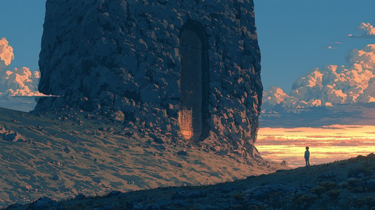 A person stands before a massive doorway, representing the search for product-market fit.