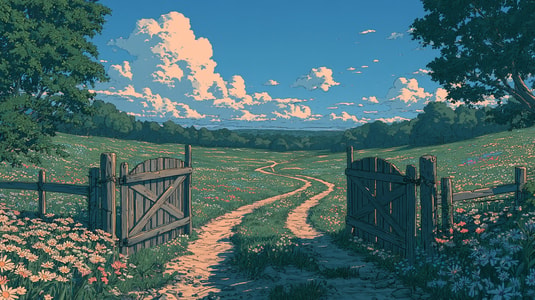 Open gates leading to a winding path through a flower-filled meadow.