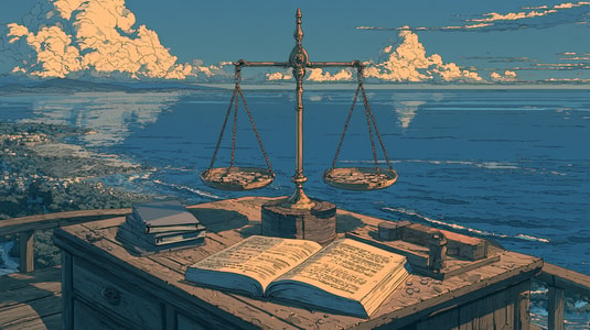 Balance scale above an open book and coins on a desk overlooking the sea.