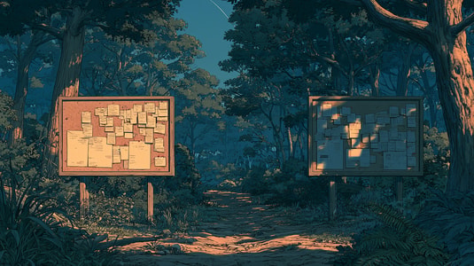 Two feedback boards covered with notes on opposite sides of a forest path.