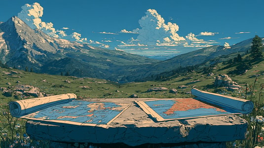 Two maps spread across a stone table overlooking a mountain valley.