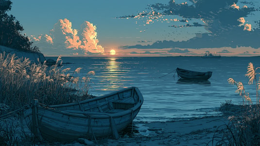 Wooden boats resting on the shore and floating offshore at sunset.