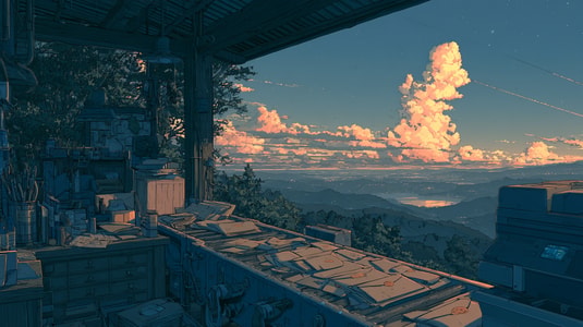 Illustration of envelopes moving along a conveyor in an open workshop overlooking mountains at sunset.