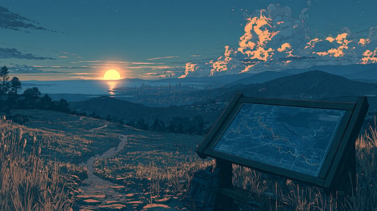 Illustrated trail map beside a winding hillside path overlooking a coastal city at sunset.