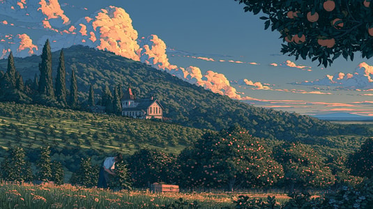A person tending an orchard on a hillside at sunset.