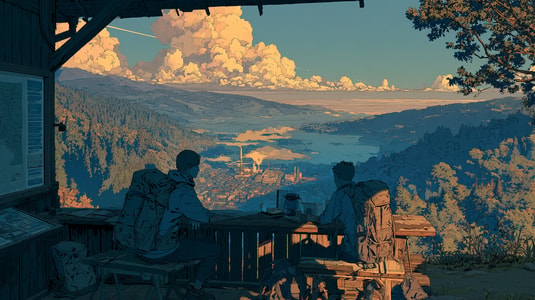Two travelers overlooking a city from a mountain shelter.