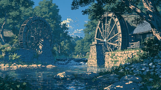 Two wooden waterwheels turning beside a stream in a wooded landscape.