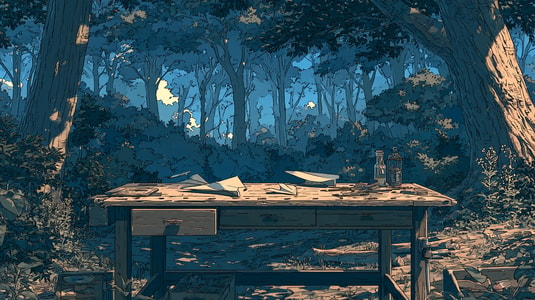 Illustration of a wooden desk with paper airplanes and bottles in a sunlit forest.