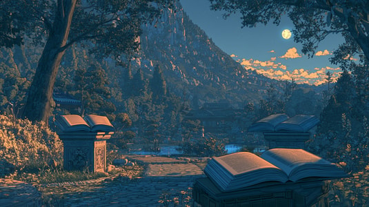 Open books along a mountain path at sunset.