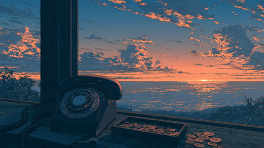 Illustration of a rotary telephone and scattered coins on a windowsill overlooking the ocean at sunset.