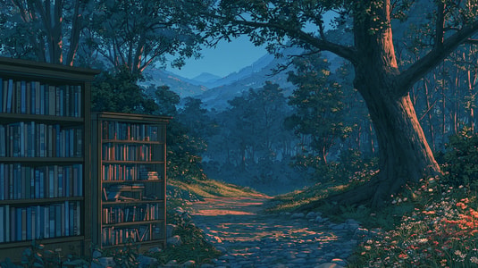 Bookshelves beside a forest path leading toward mountains.