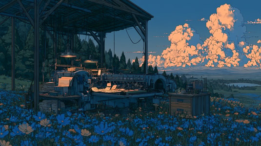 Printing press surrounded by flowers beneath sunset clouds.