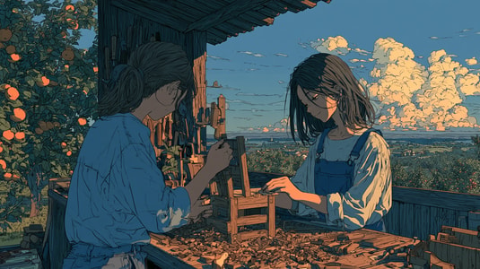 Illustration of two people building a wooden chair together at a workbench overlooking an orchard.